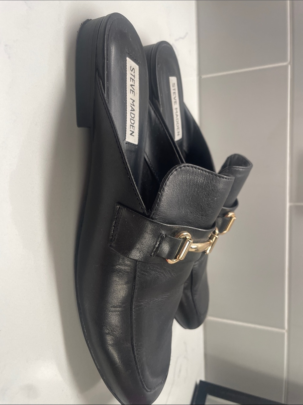 Steve Madden Black Leather Flat Loafer Slides with Gold Hardware